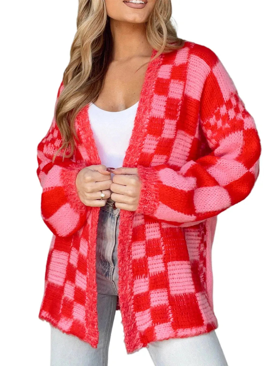 Checkered Loose Long Sleeve Open Front Cardigan Red / S