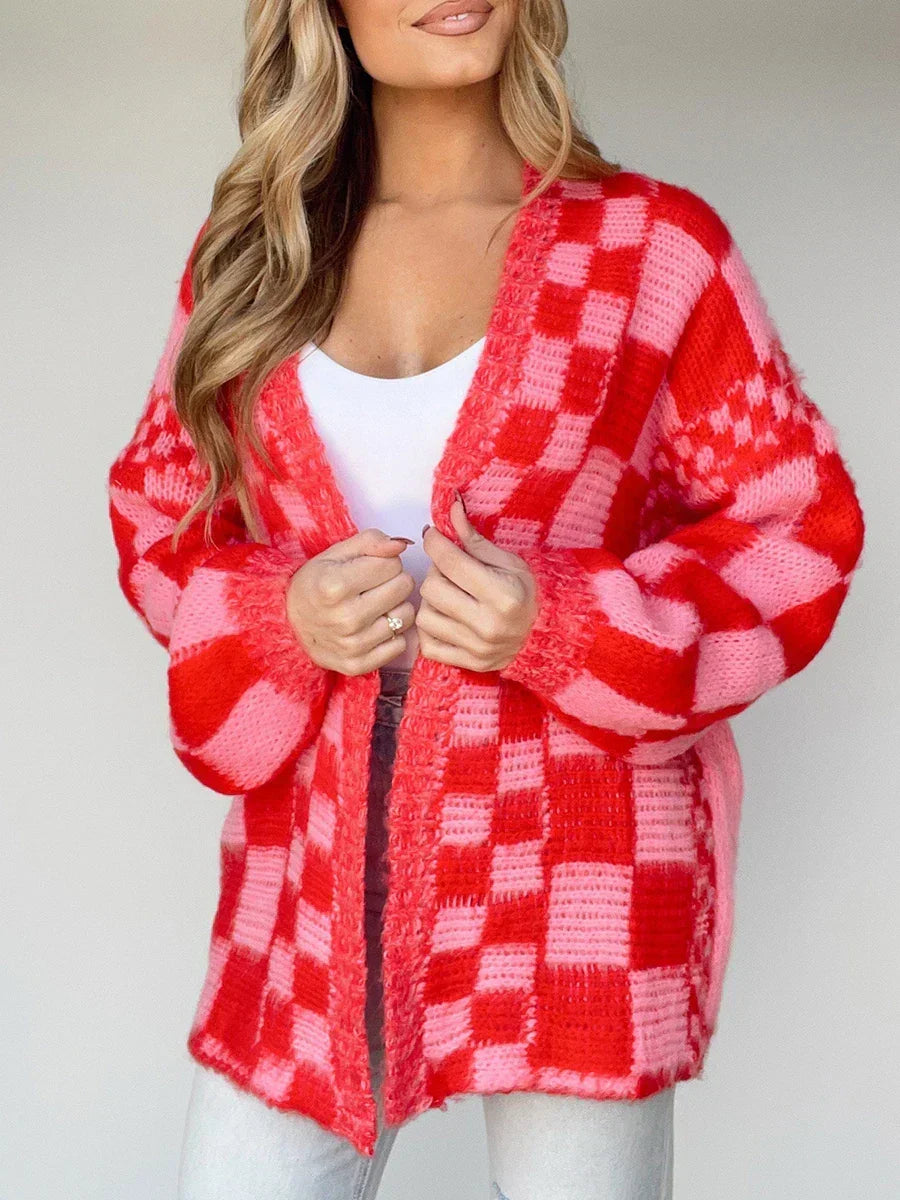 Checkered Loose Long Sleeve Open Front Cardigan