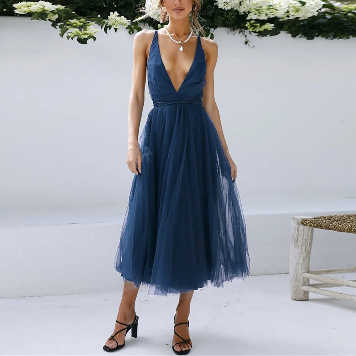 Tulle Deep V-Neck Backless A-Line Midi Dress