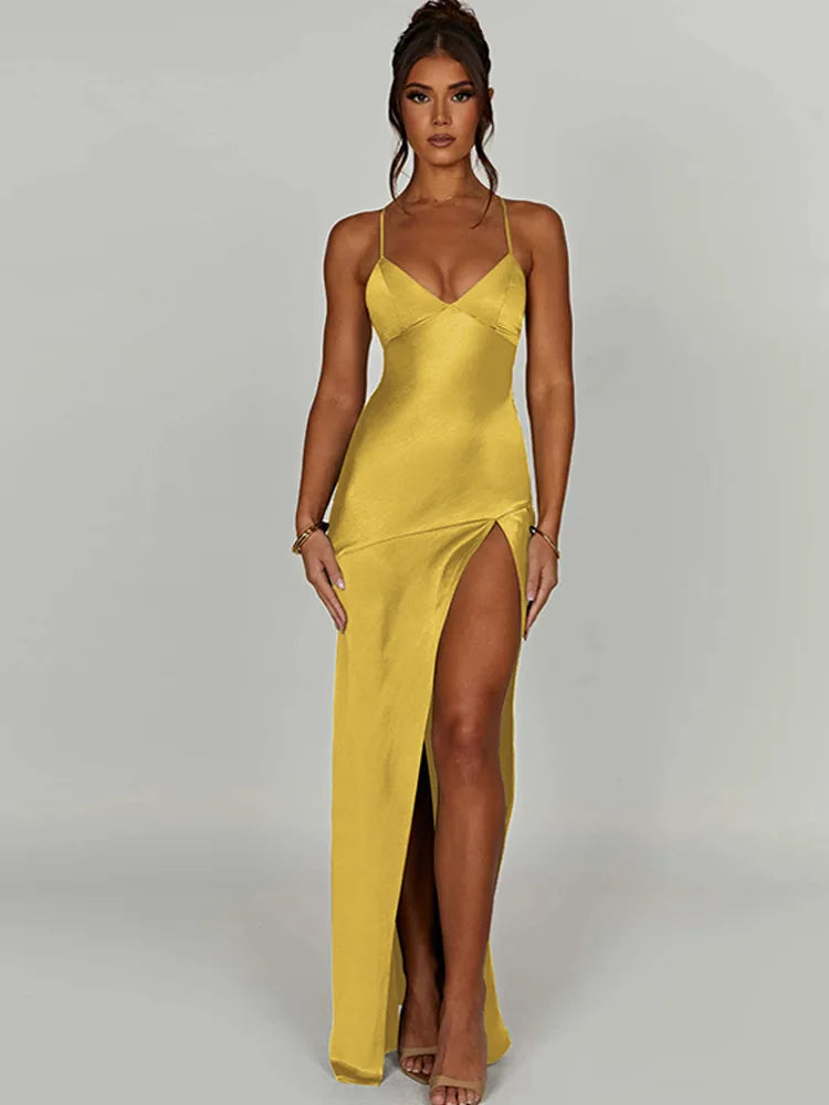 Satin V-Neck Spaghetti Strap High Split Slip Maxi Dress - View 8