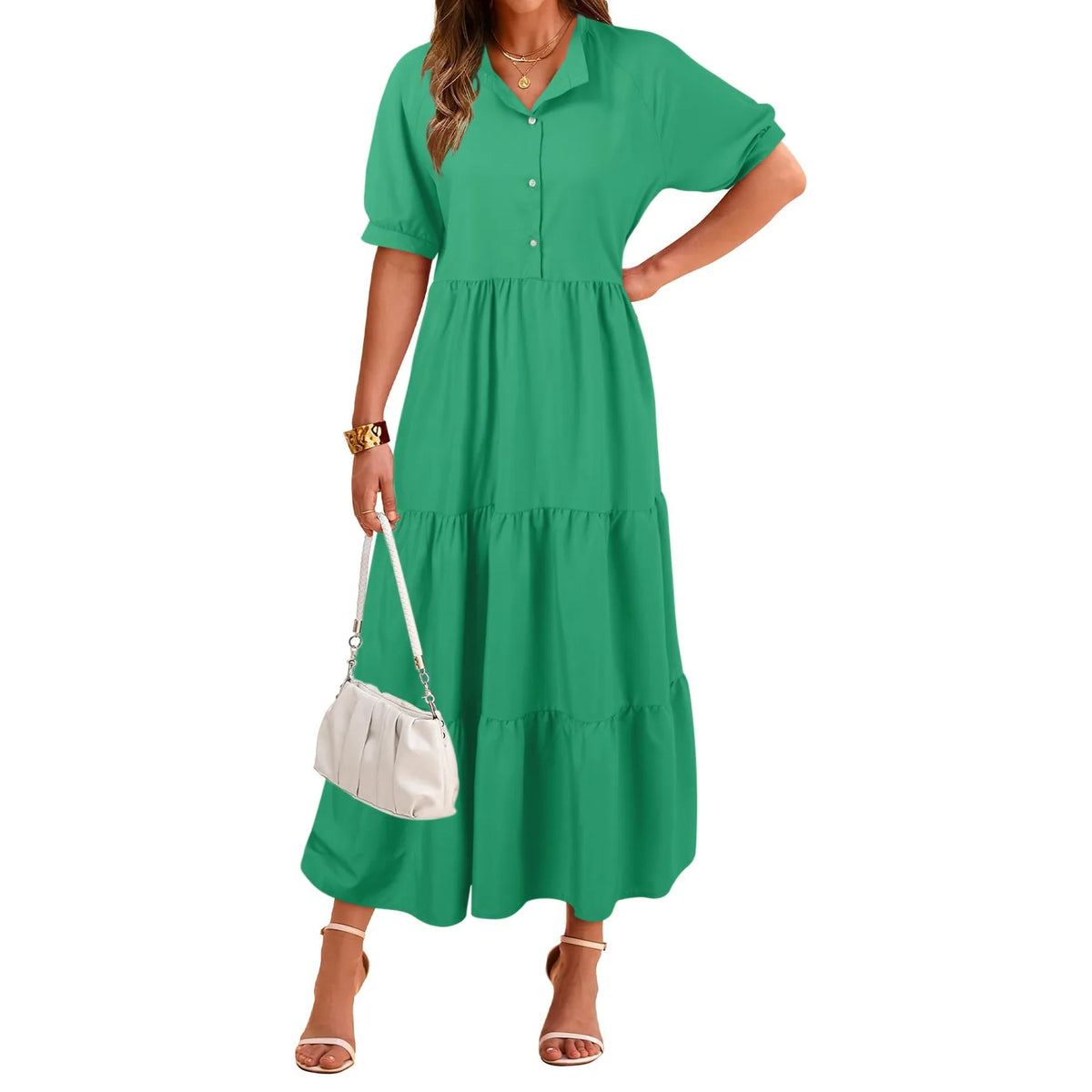 Shirt Collar Button Front Tiered Puff Sleeve Maxi Summer Dress - View 5