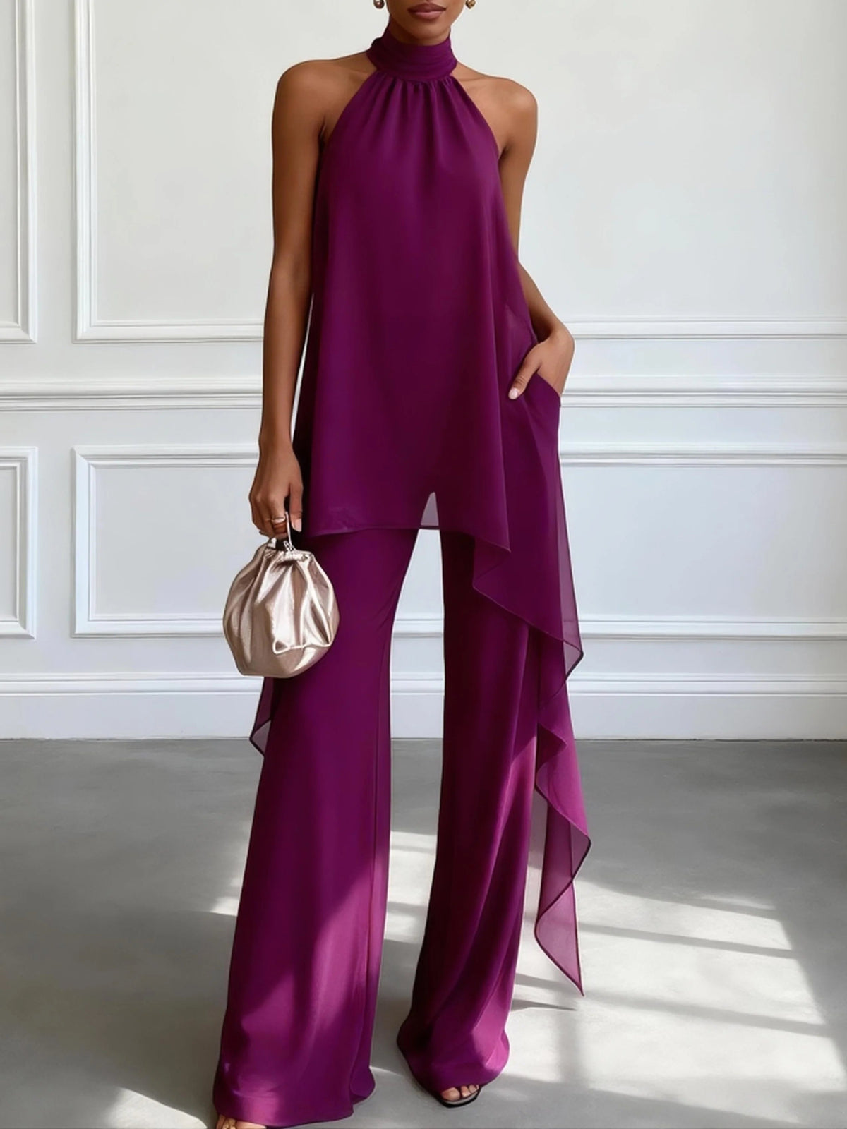 Halter Neck Asymmetric Top and Wide Leg Pants Two Piece Set