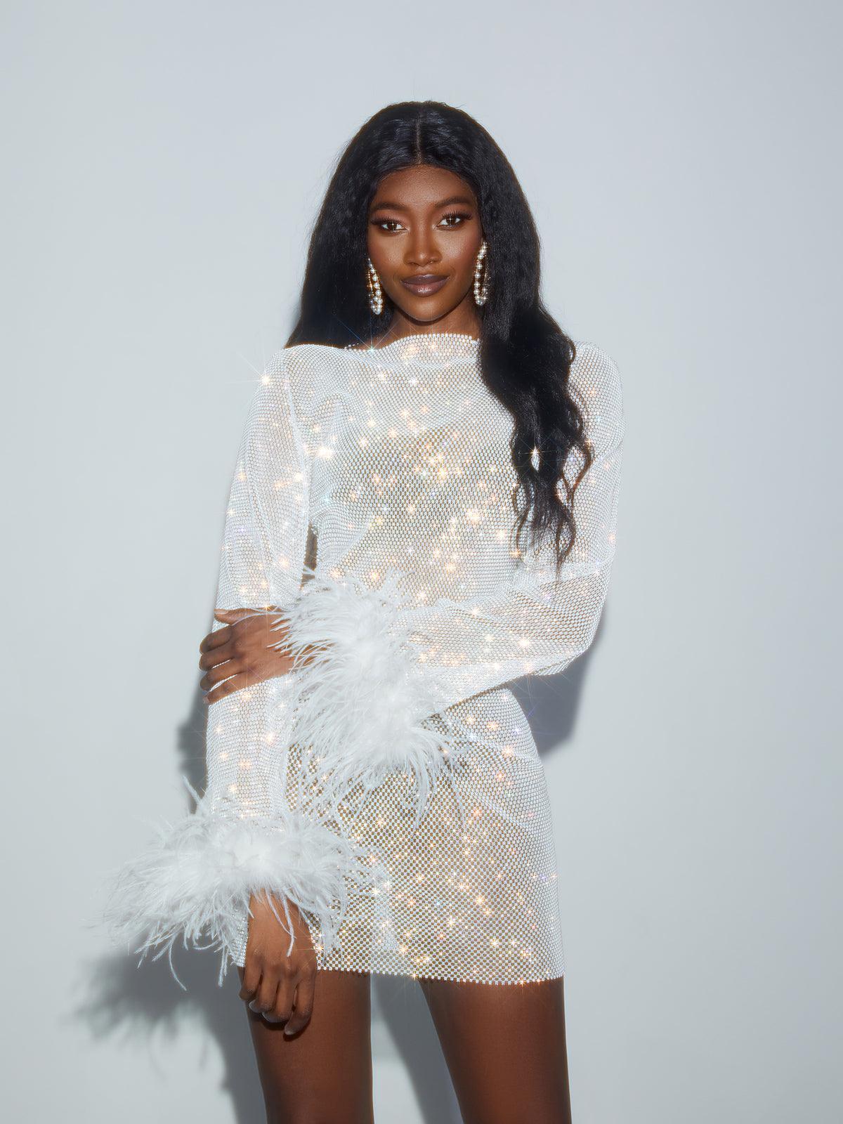Rhinestone Mesh Mini Dress In White - View 6