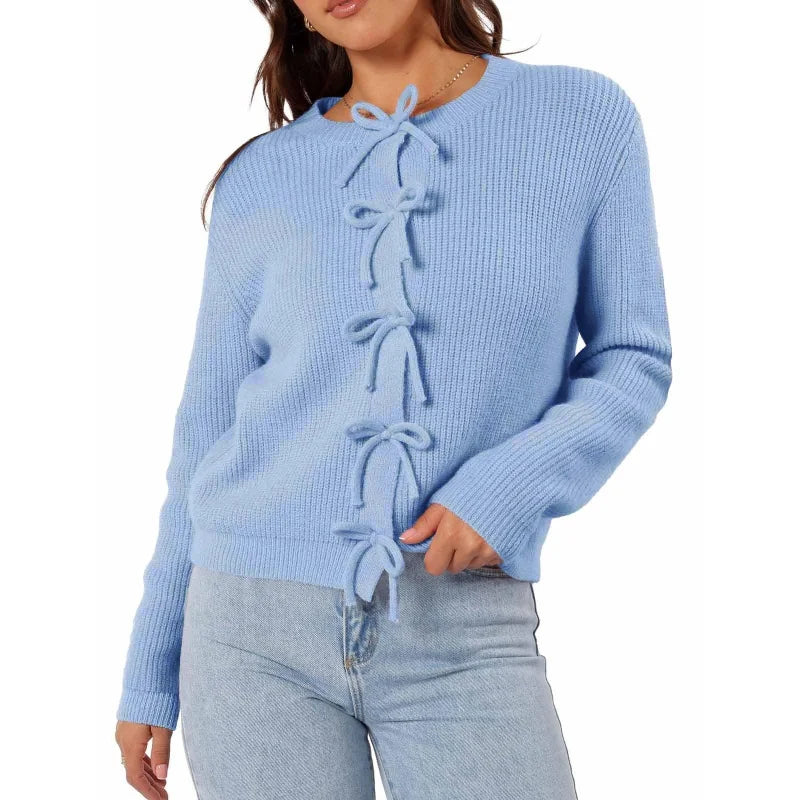 Y2K Bow Front Round Neck Cardigan Blue / S Cardigan-241208