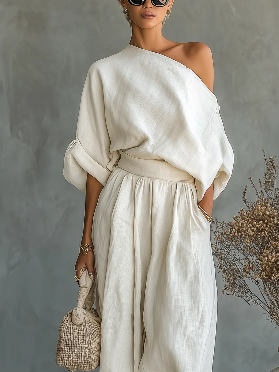 One Shoulder Batwing Sleeve Top and Wide Leg Pants Two Piece Set 2