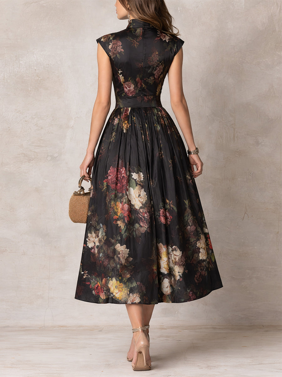 Floral Satin Keyhole High Neck Pleated Midi Dress Cocktail 2