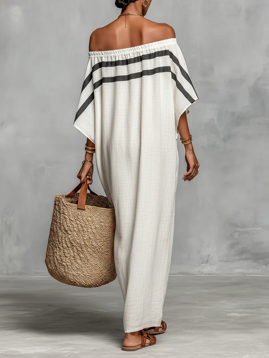 Striped Off Shoulder Batwing Sleeve Kaftan Maxi Dress 2