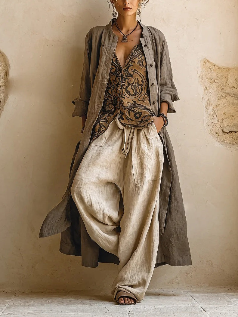 Linen Look Duster Coat Printed Top and Wide Leg Pants Set