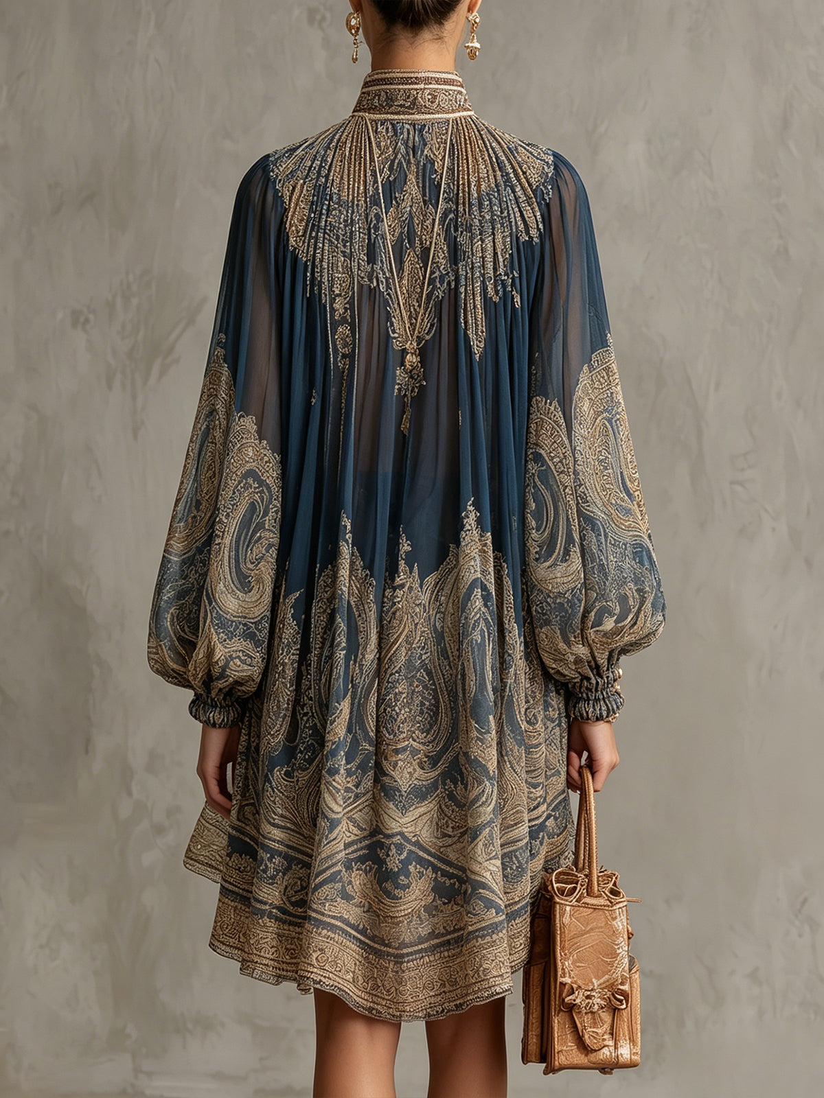 Paisley Print High Neck Bishop Sleeve Chiffon Mini Dress 2