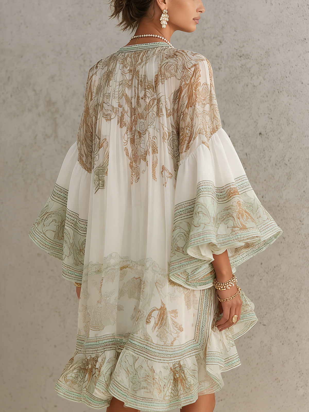 Printed Chiffon High Neck Bishop Sleeve Ruffle Hem Mini Dress 2