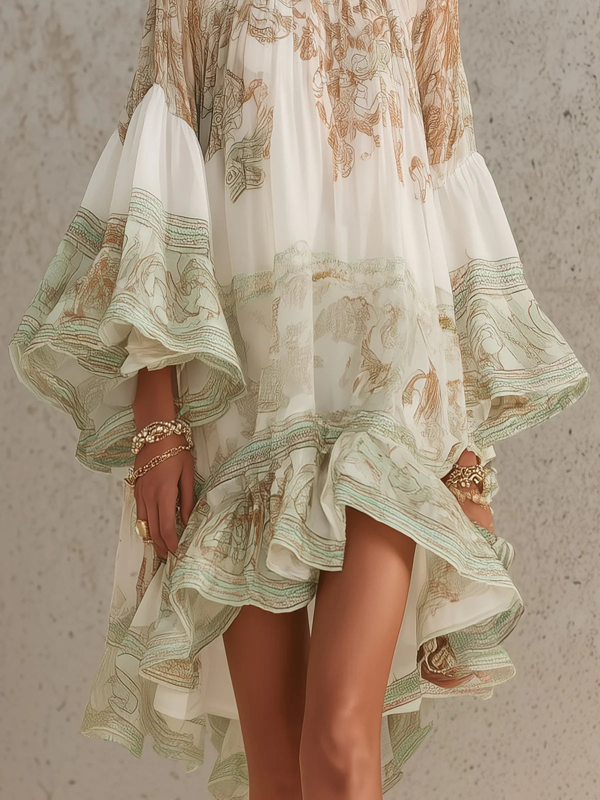 Printed Chiffon High Neck Bishop Sleeve Ruffle Hem Mini Dress 5