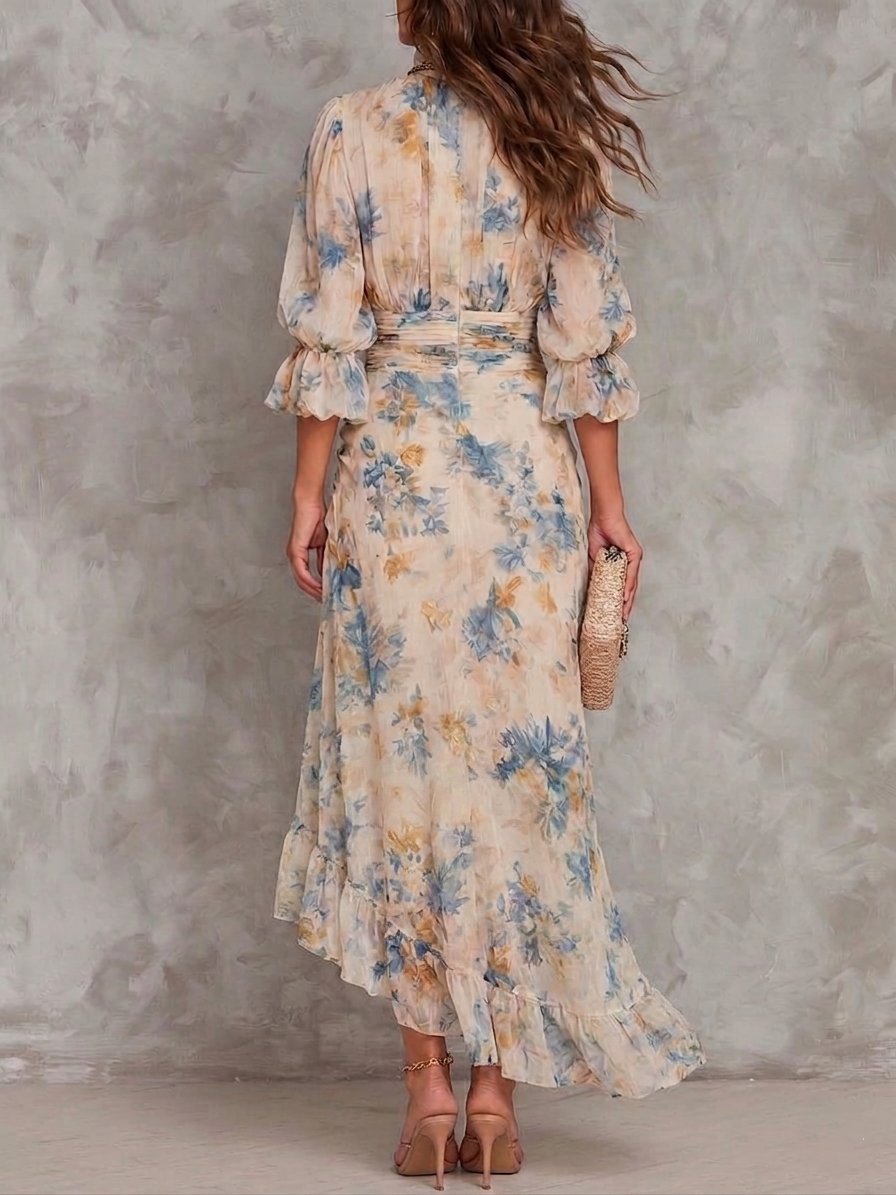 Floral Chiffon Ruched Ruffle Hem High Split Maxi Dress 2