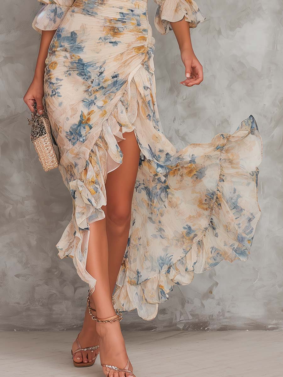 Floral Chiffon Ruched Ruffle Hem High Split Maxi Dress 4