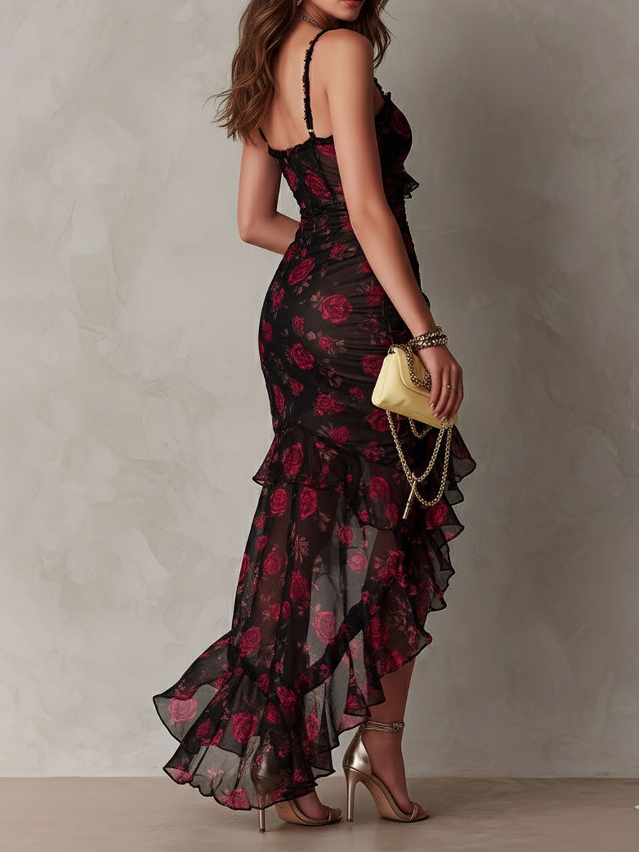 Rose Floral Sweetheart Ruched Ruffle High Split Maxi Dress 3