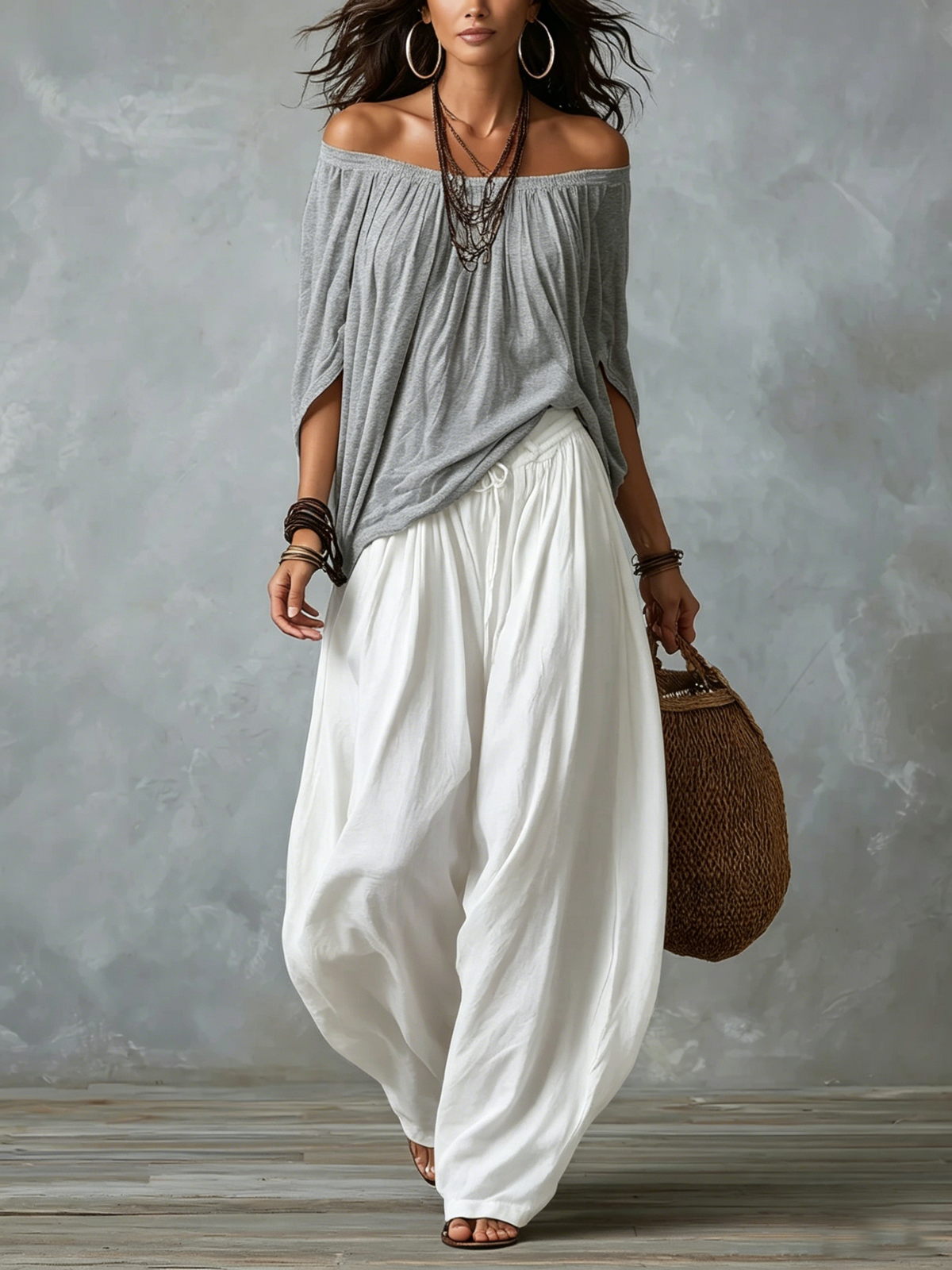 Off Shoulder Knit Top and Wide Leg Pants Two Piece Set