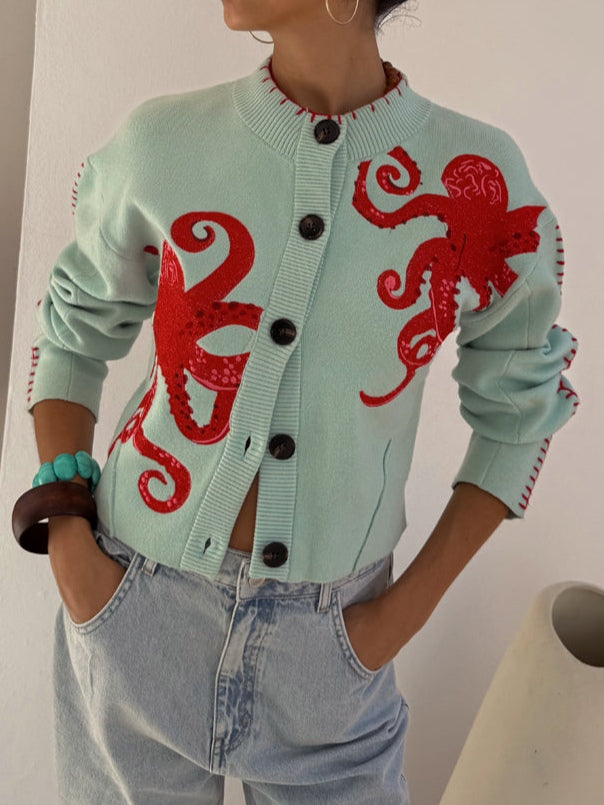 Crew Neck Octopus Embroidered Button Front Knit Cardigan