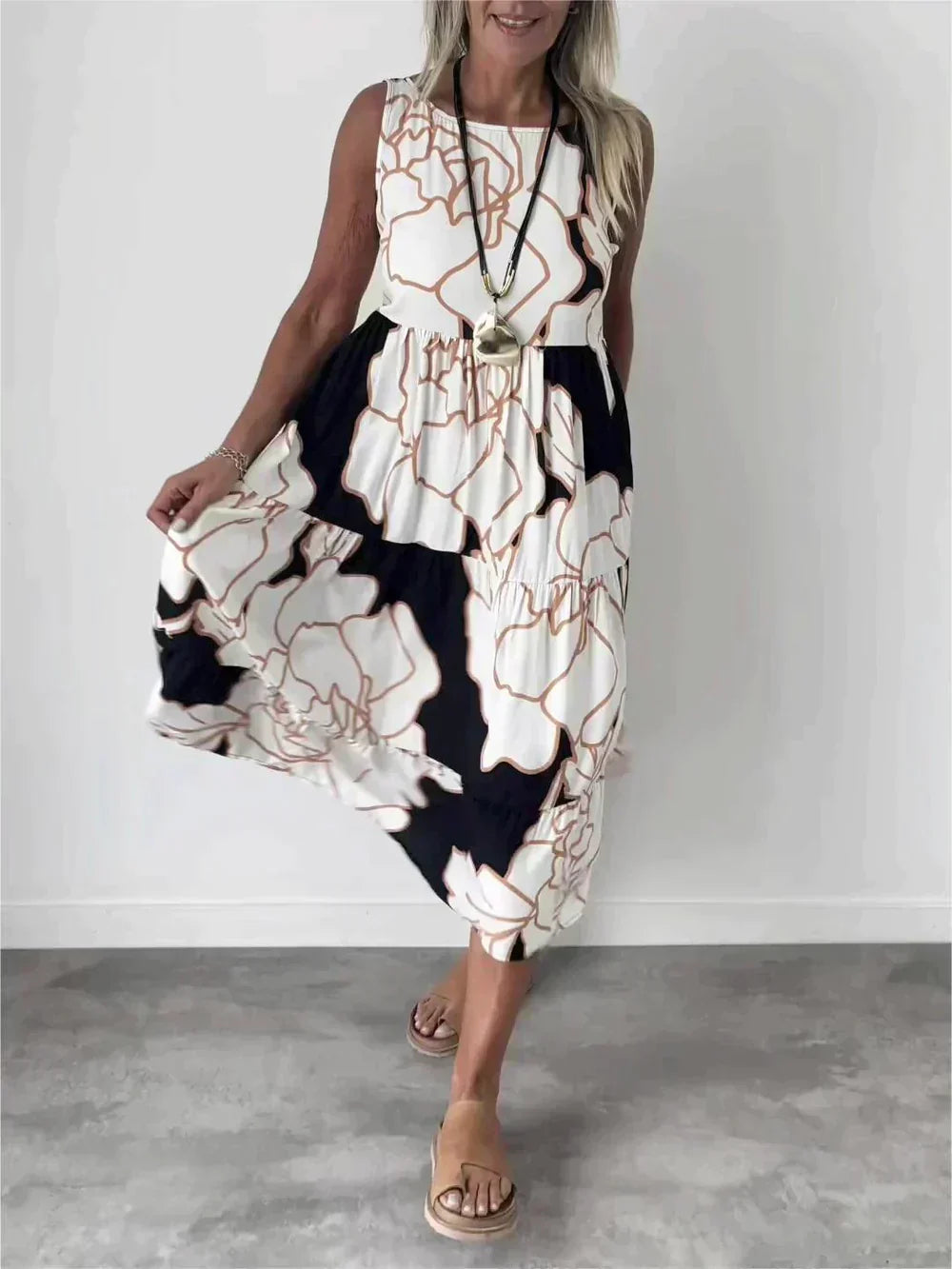 Sleeveless Round Neck Tiered Swing Midi Summer Dress - View 2