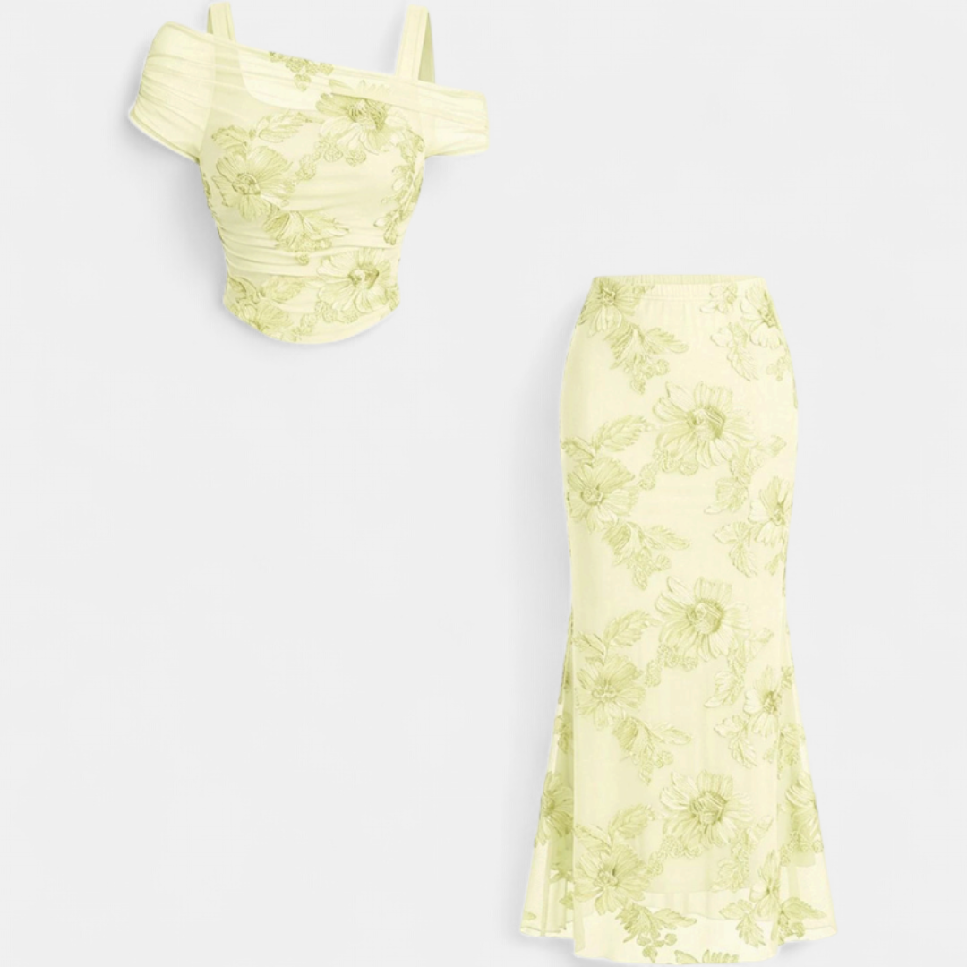 Floral Embroidered Mesh Corset Top and Mermaid Maxi Skirt Two Piece Set 4