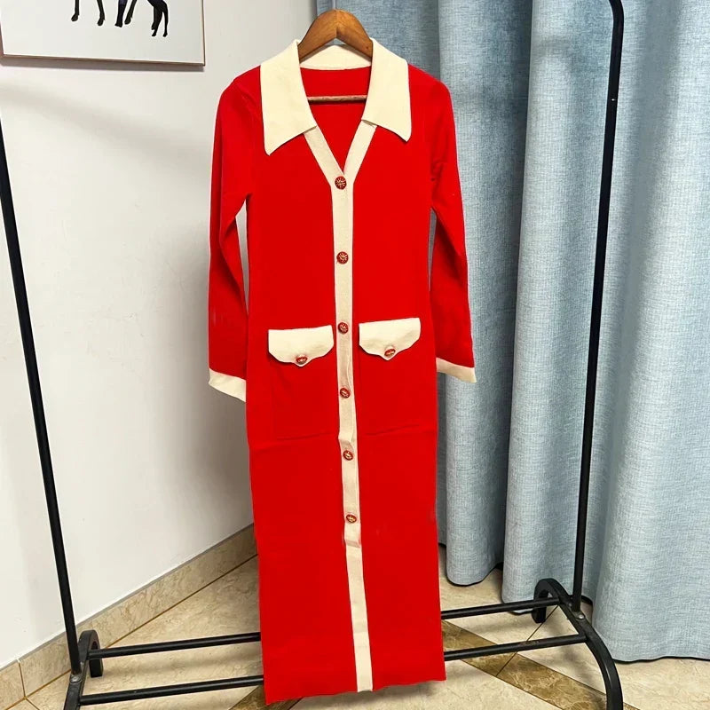 Chic Knitted Turn-Down Collar Red Black Christmas Party Dress / One Size Dresses-L