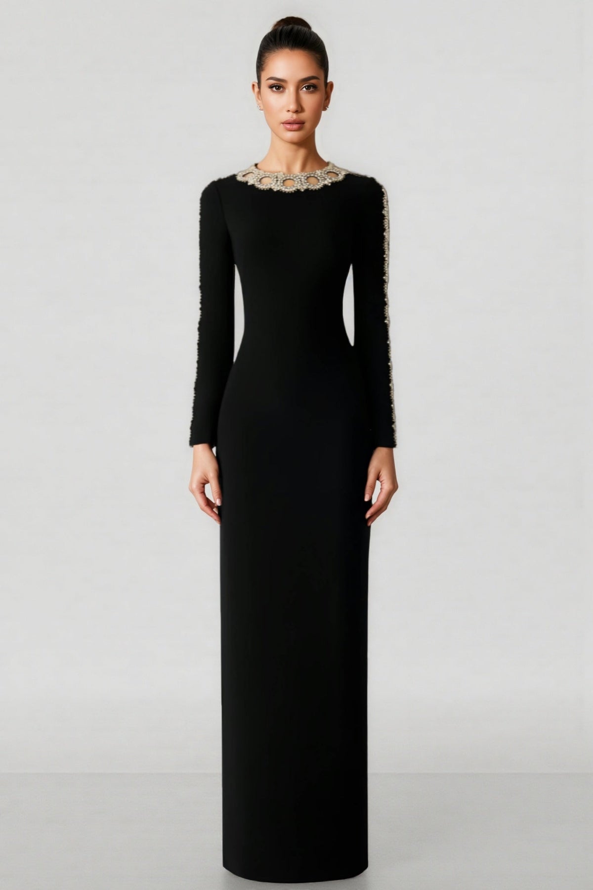 Metallic Openwork Collar Long Sleeve Column Maxi Gown