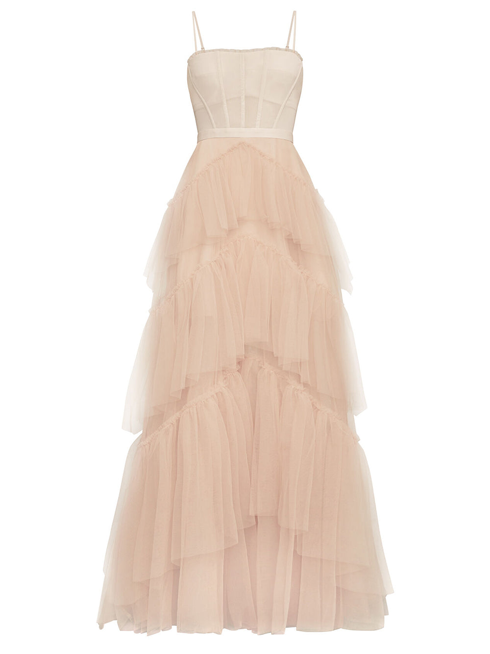 Tulle Corset Bodice Chevron Tiered Ruffle Spaghetti Strap Maxi Gown