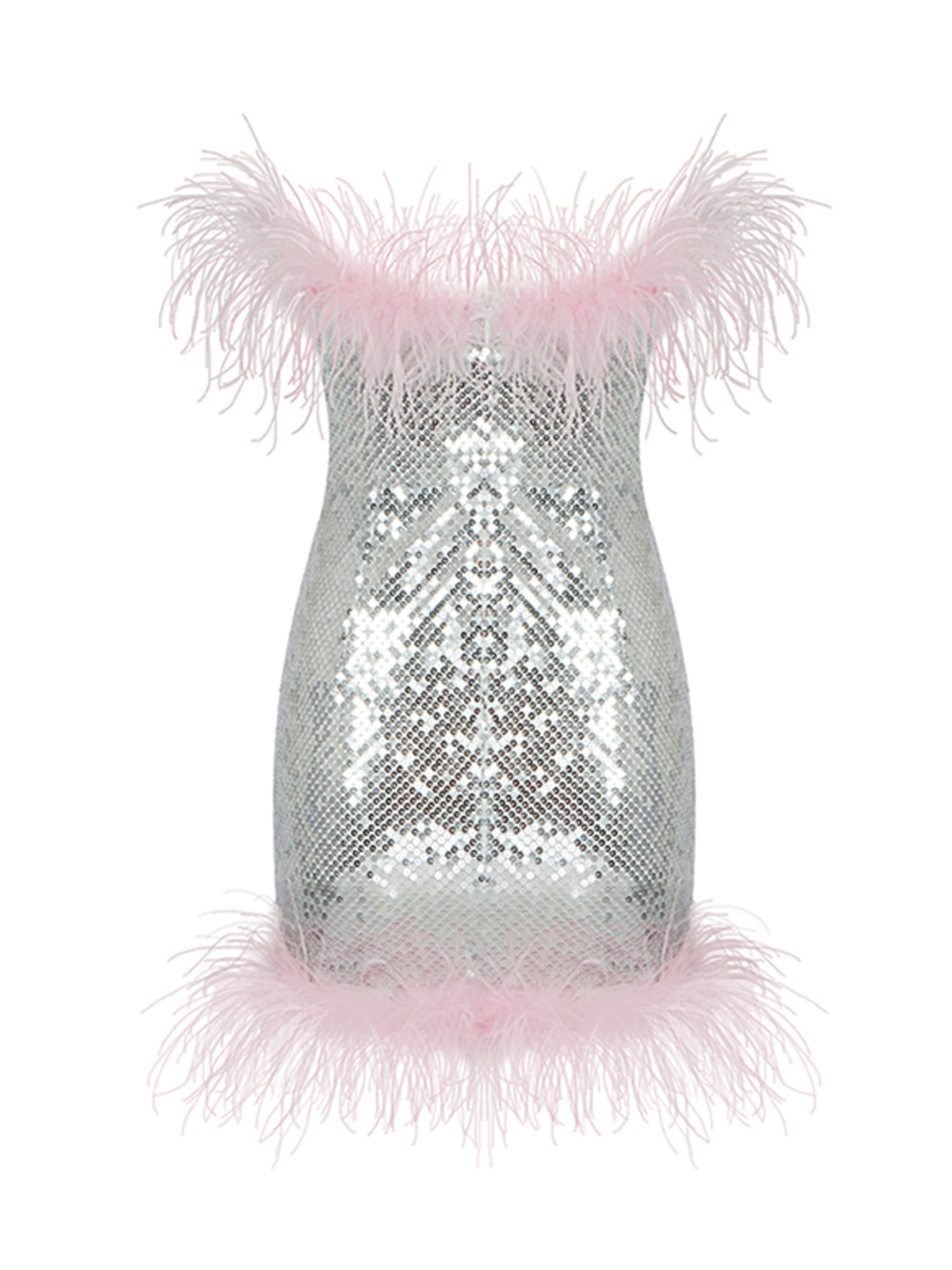 Sequin Strapless Feather Trim Bodycon Mini Dress in Silver - View 2