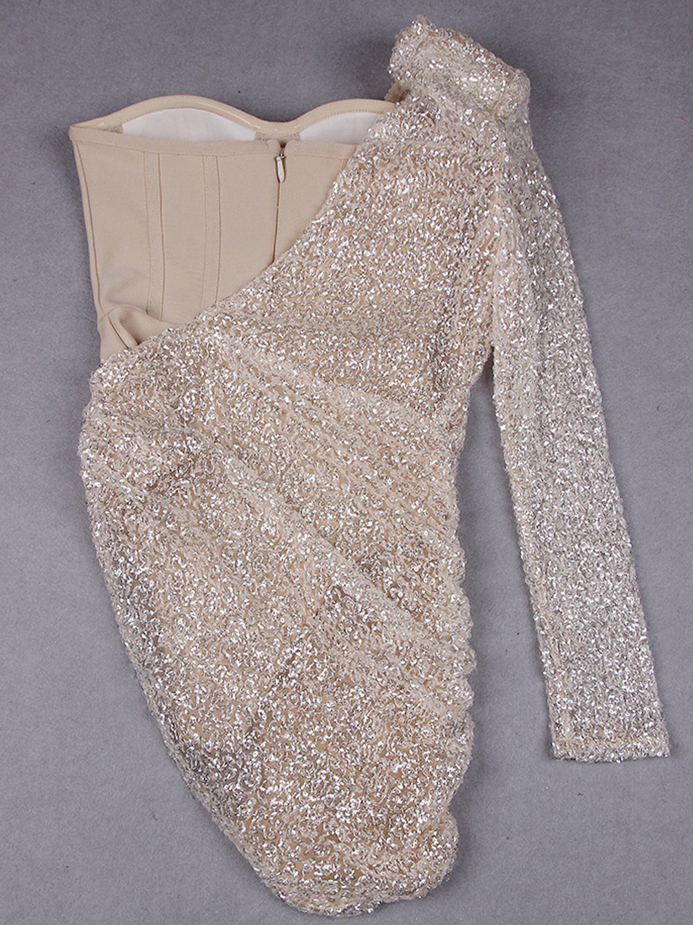 Sequin One Shoulder Long Sleeve Bodycon Mini Dress in Beige - View 11