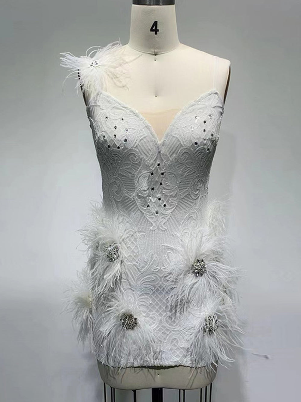 Sequin Deep V-Neck Feather Trim Bodycon Mini Dress - View 12
