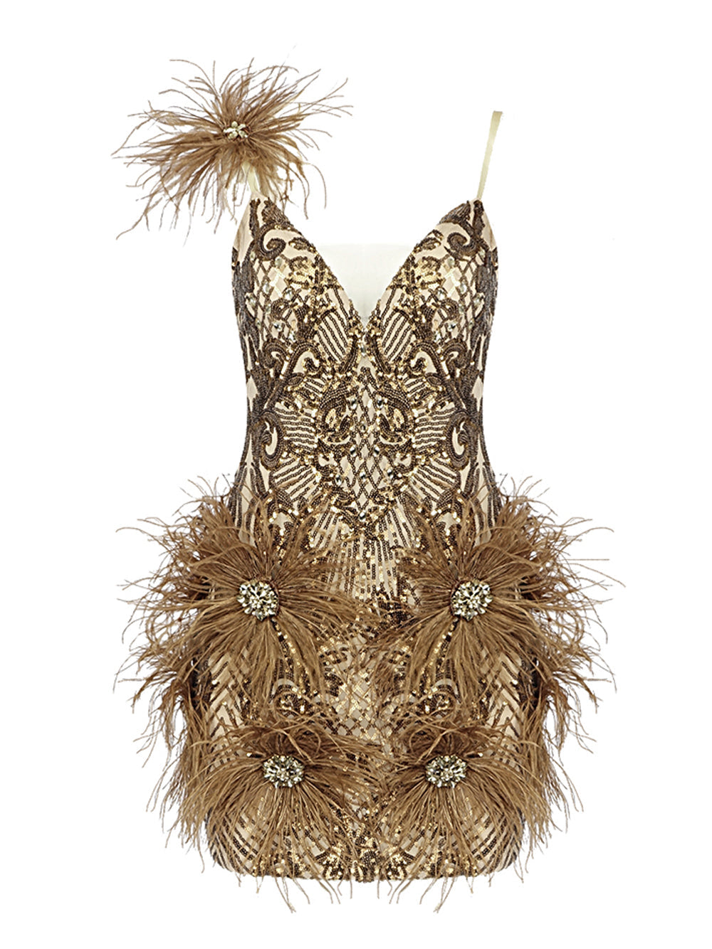 Sequin Deep V-Neck Feather Trim Bodycon Mini Dress
