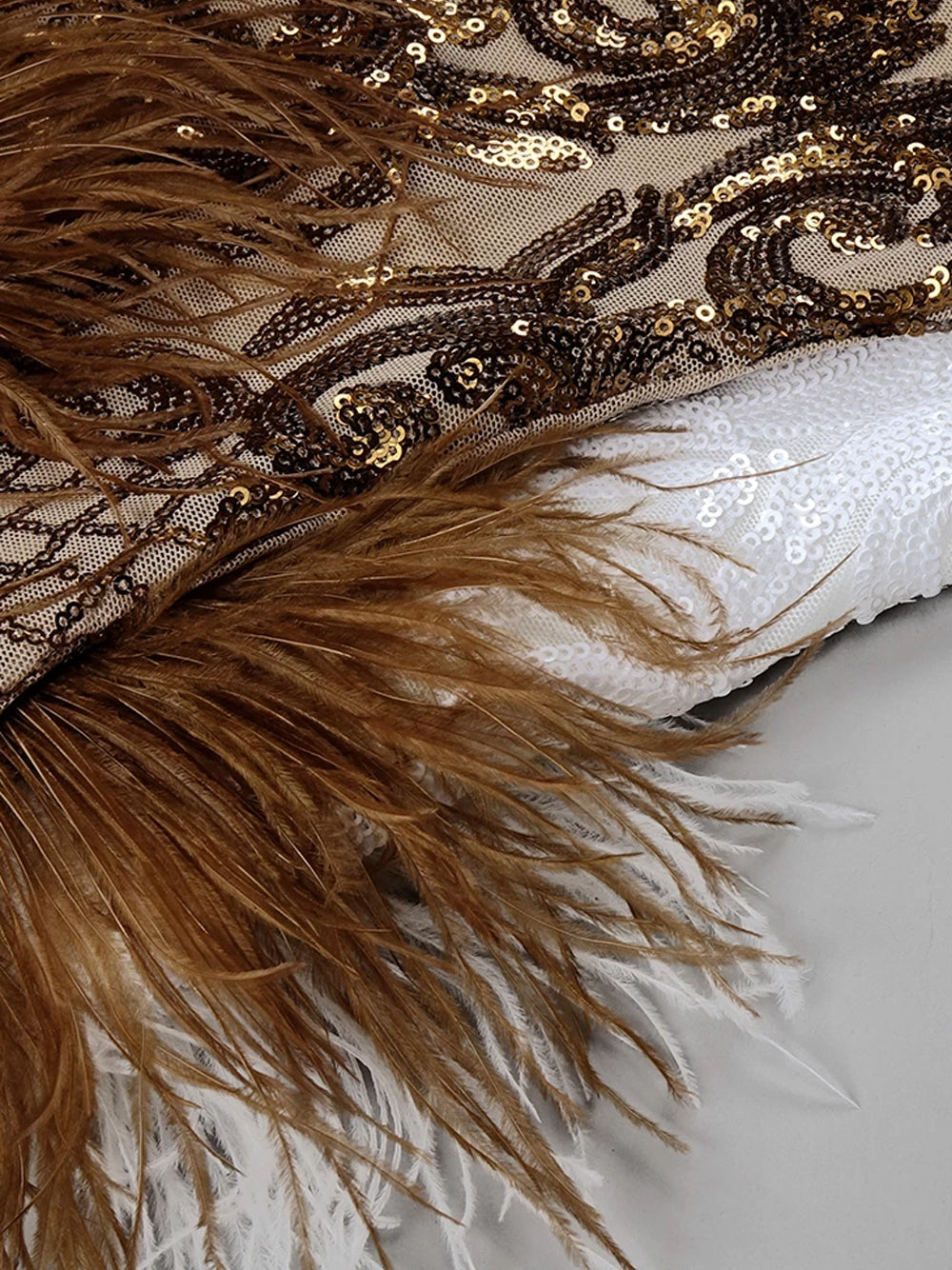 Sequin Deep V-Neck Feather Trim Bodycon Mini Dress - View 14
