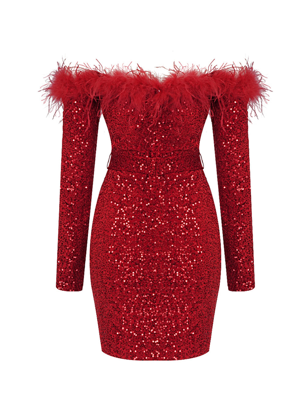 Sequin Off Shoulder Feather Trim Long Sleeve Bodycon Mini Dress - View 2
