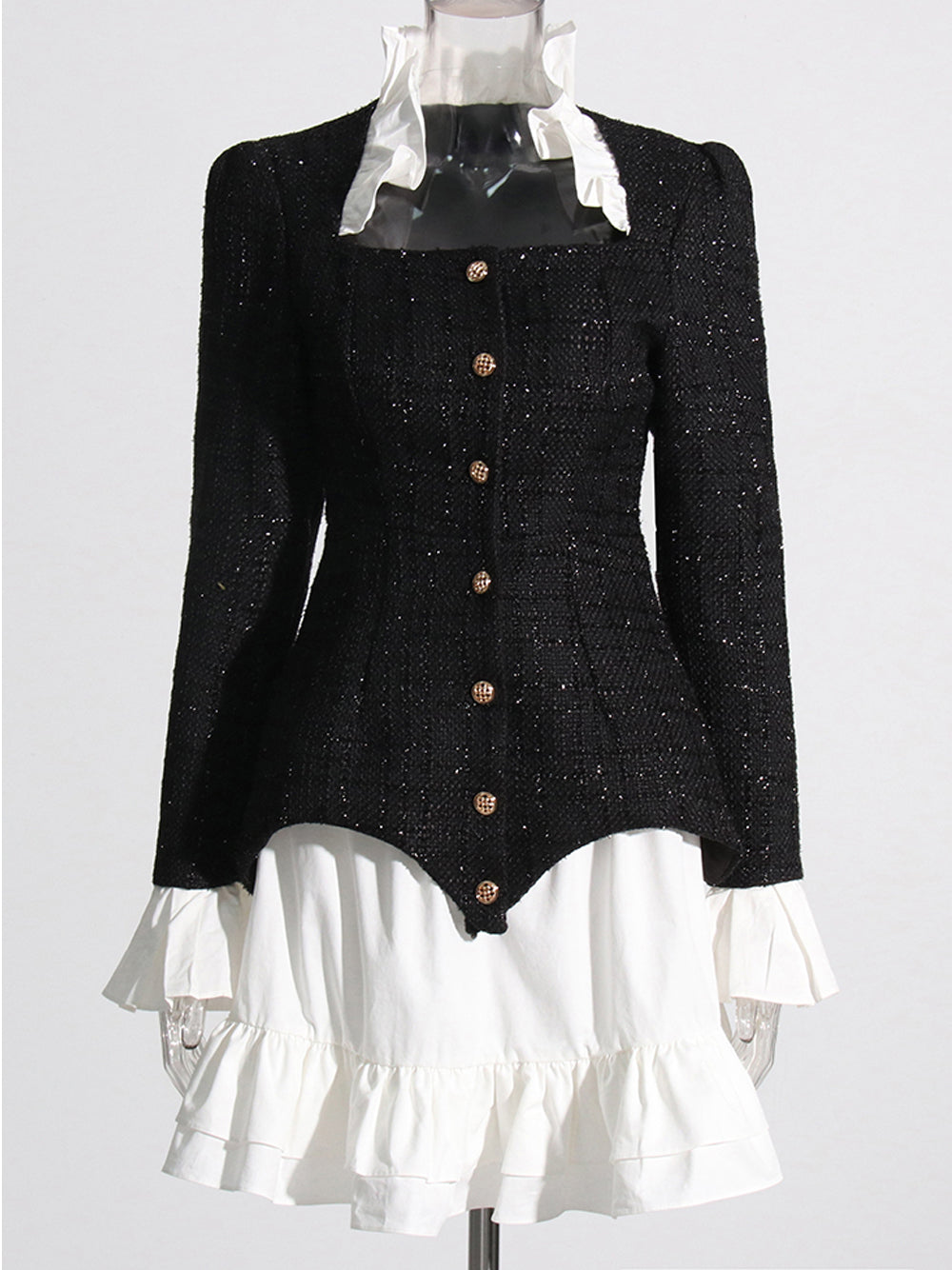 Tweed Faux Two Piece Ruffle Collar Button Front Mini Dress - View 3