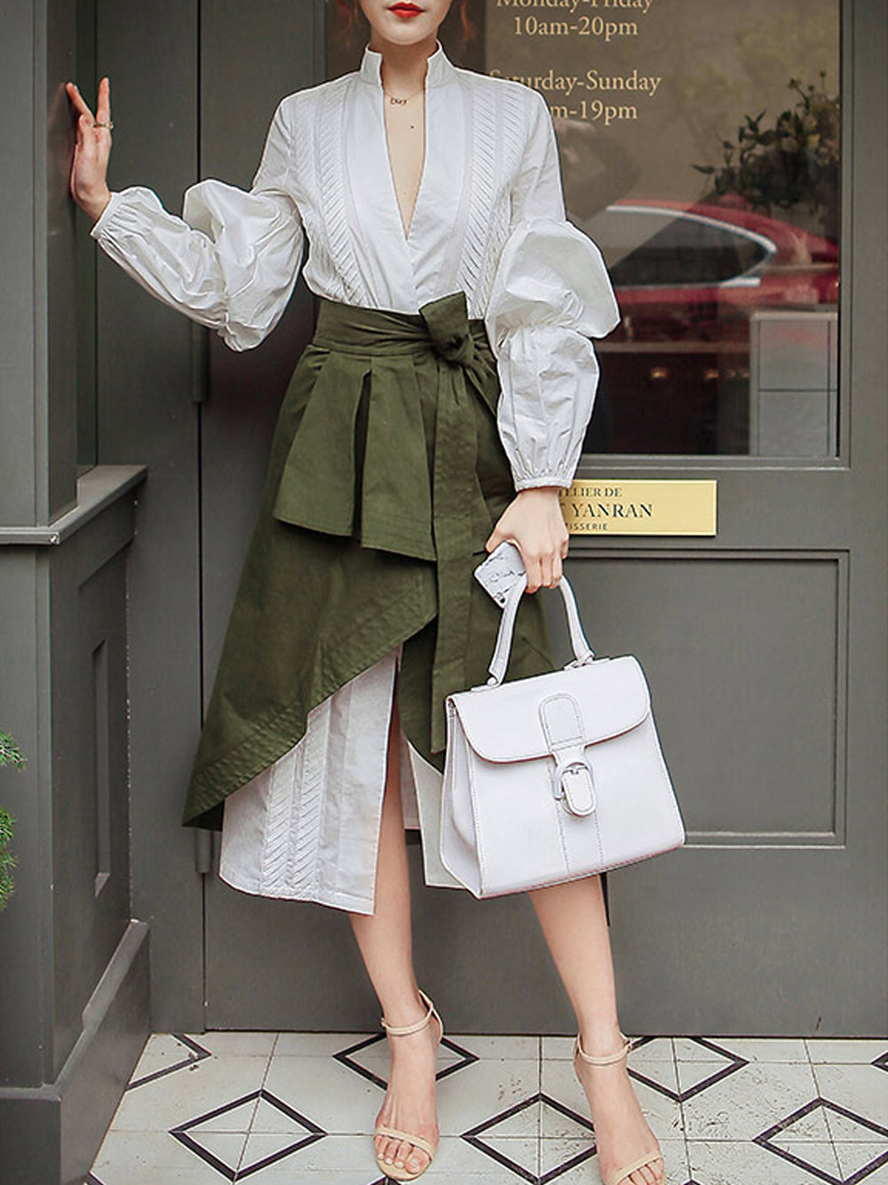 Puff-Sleeved Dress & High-Waist Lace-Up Ruched Irregular Skirt - View 6