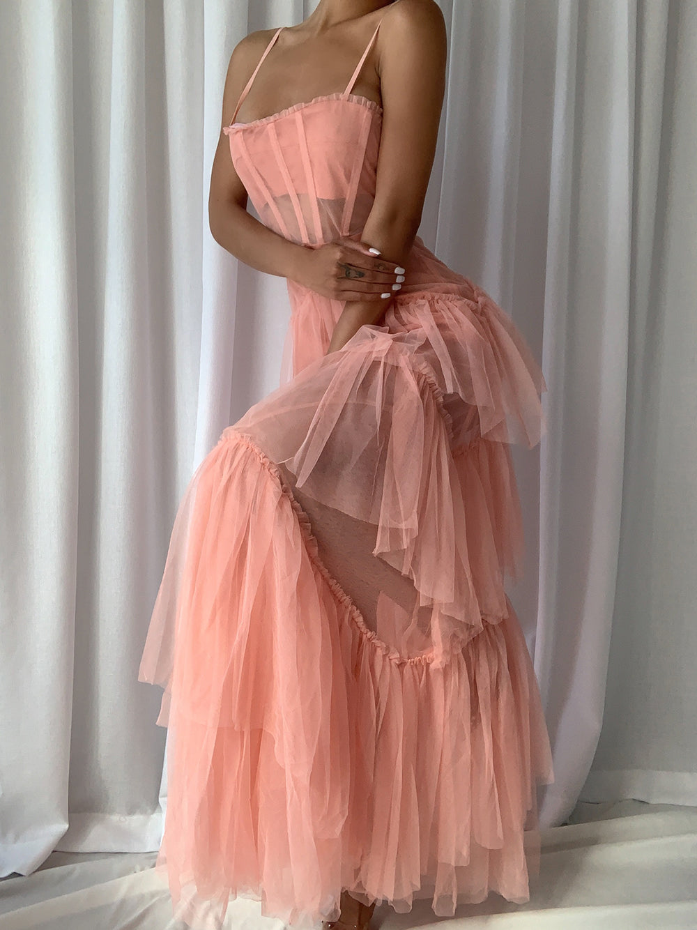 Tulle Spaghetti Strap Corset Boned Bodice Diagonal Tier Maxi Gown - View 6