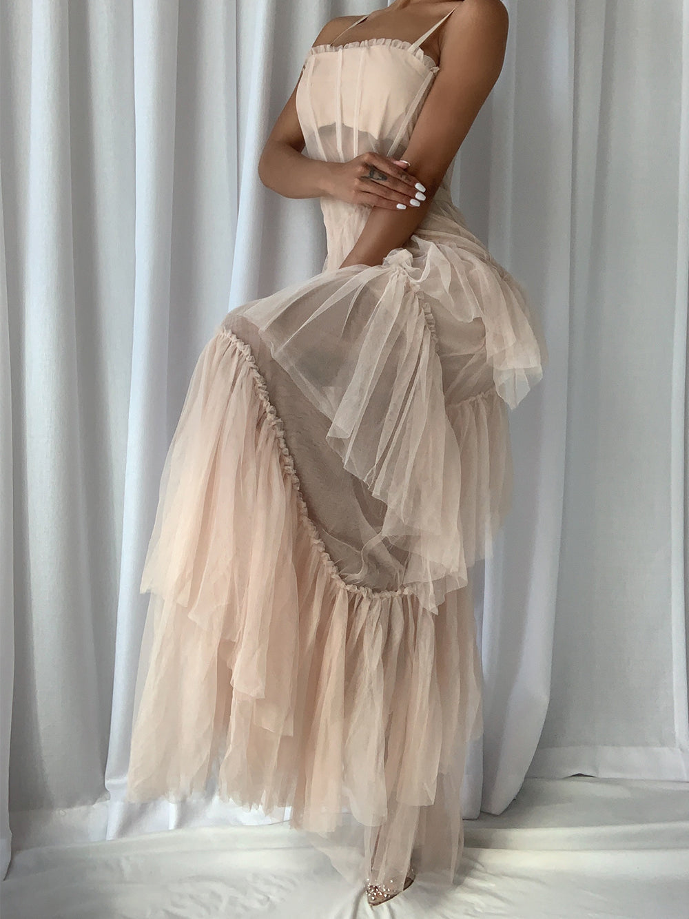 Tulle Corset Bodice Chevron Tiered Ruffle Spaghetti Strap Maxi Gown - View 3