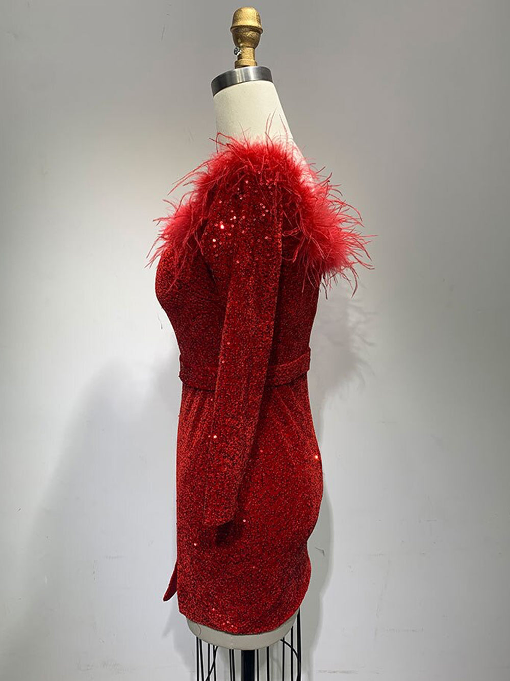 Sequin Off Shoulder Feather Trim Long Sleeve Bodycon Mini Dress - View 10