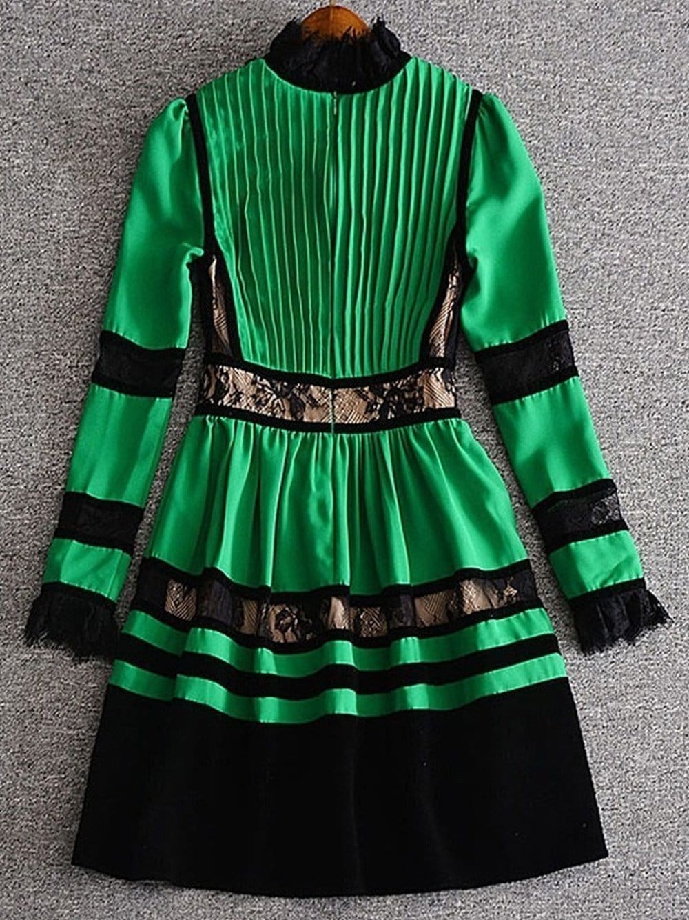 Lace & Velvet Pleated Crêpe Mini Dress in Green - View 9