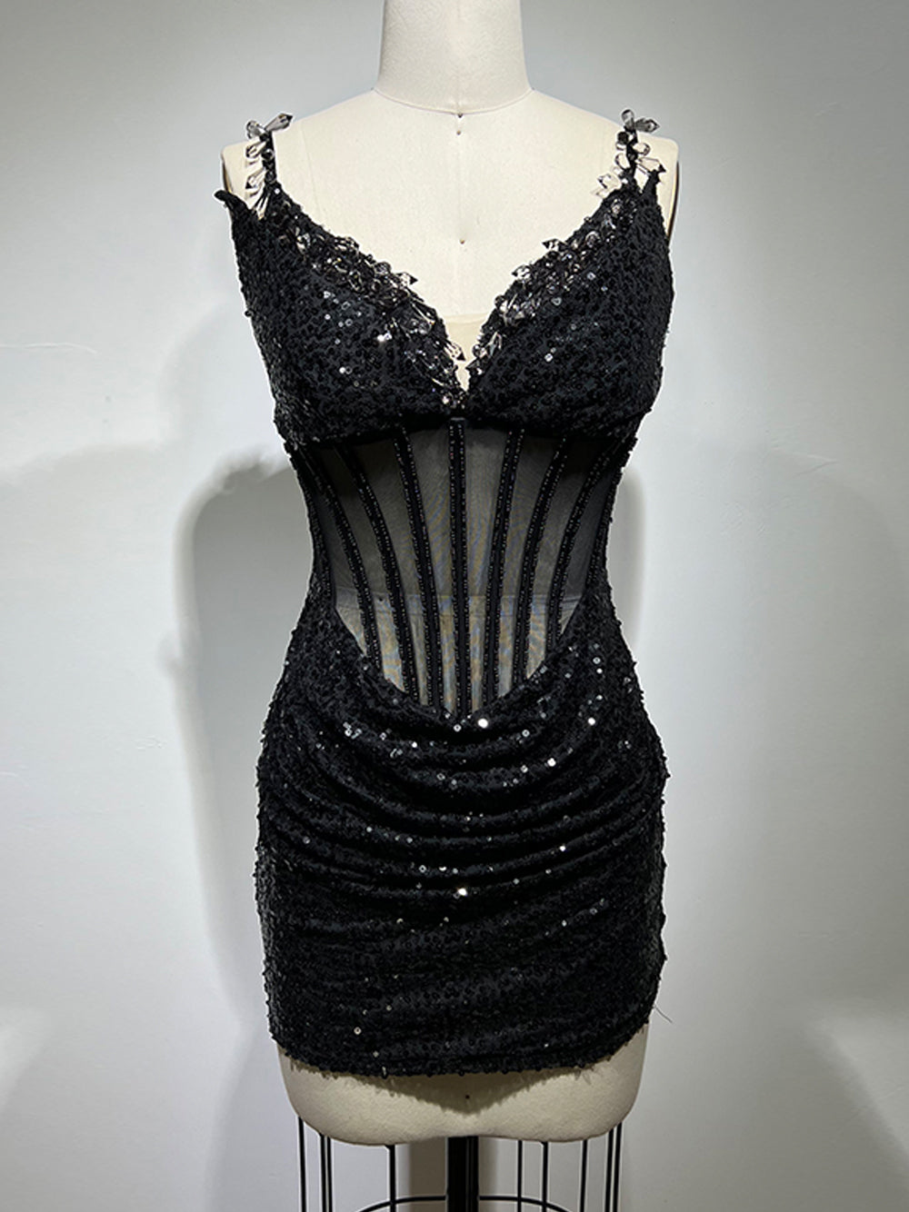 Sequin Deep V-Neck Sheer Corset Bodycon Mini Dress - View 9