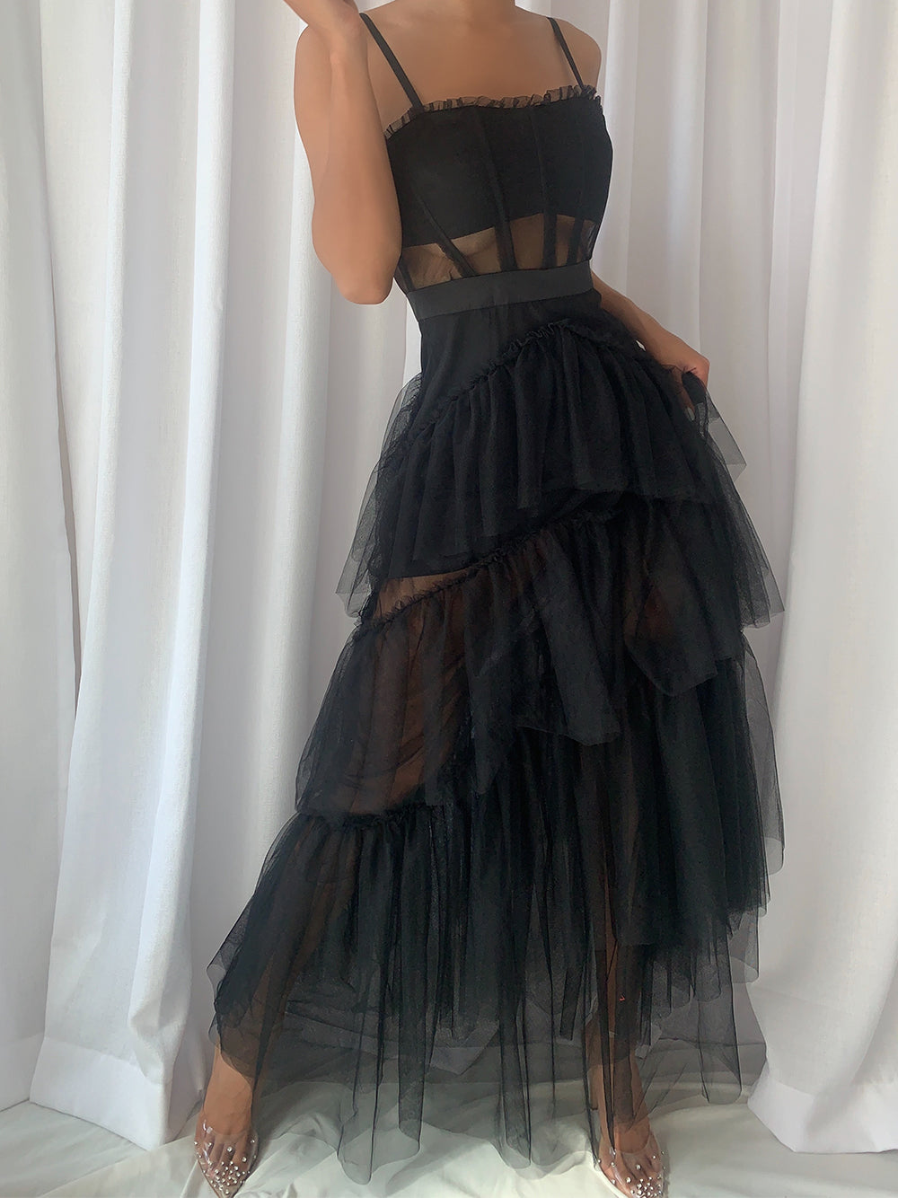 Mesh Corset Bodice Spaghetti Strap Tiered Tulle Maxi Gown - View 3