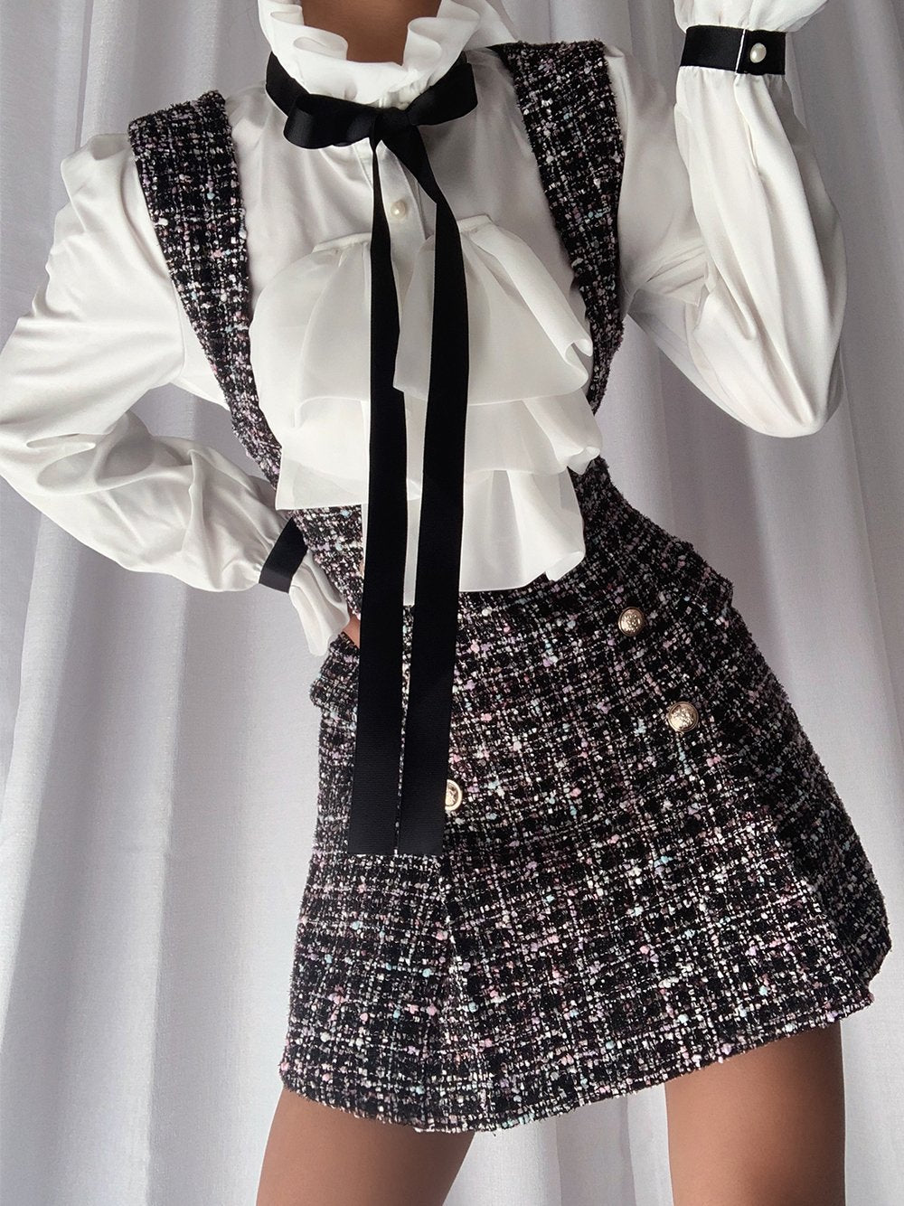Ruffled Collar Ribbon Tie Blouse Tweed Pinafore Mini Set - View 11