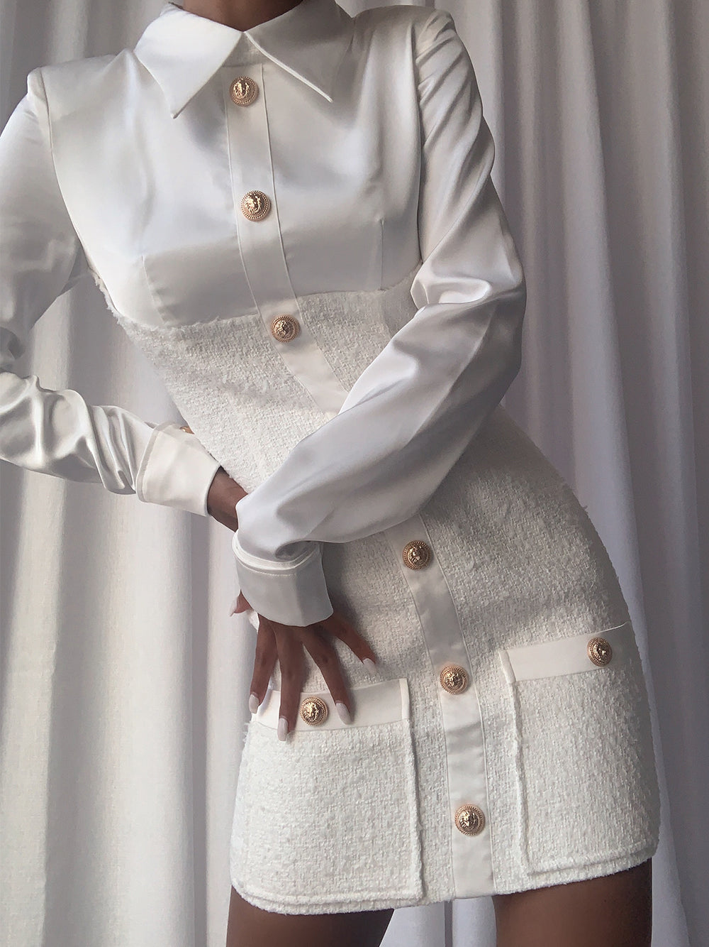 Tweed Overlay Shirt Collar Long Sleeve Button Front Mini Dress - View 2
