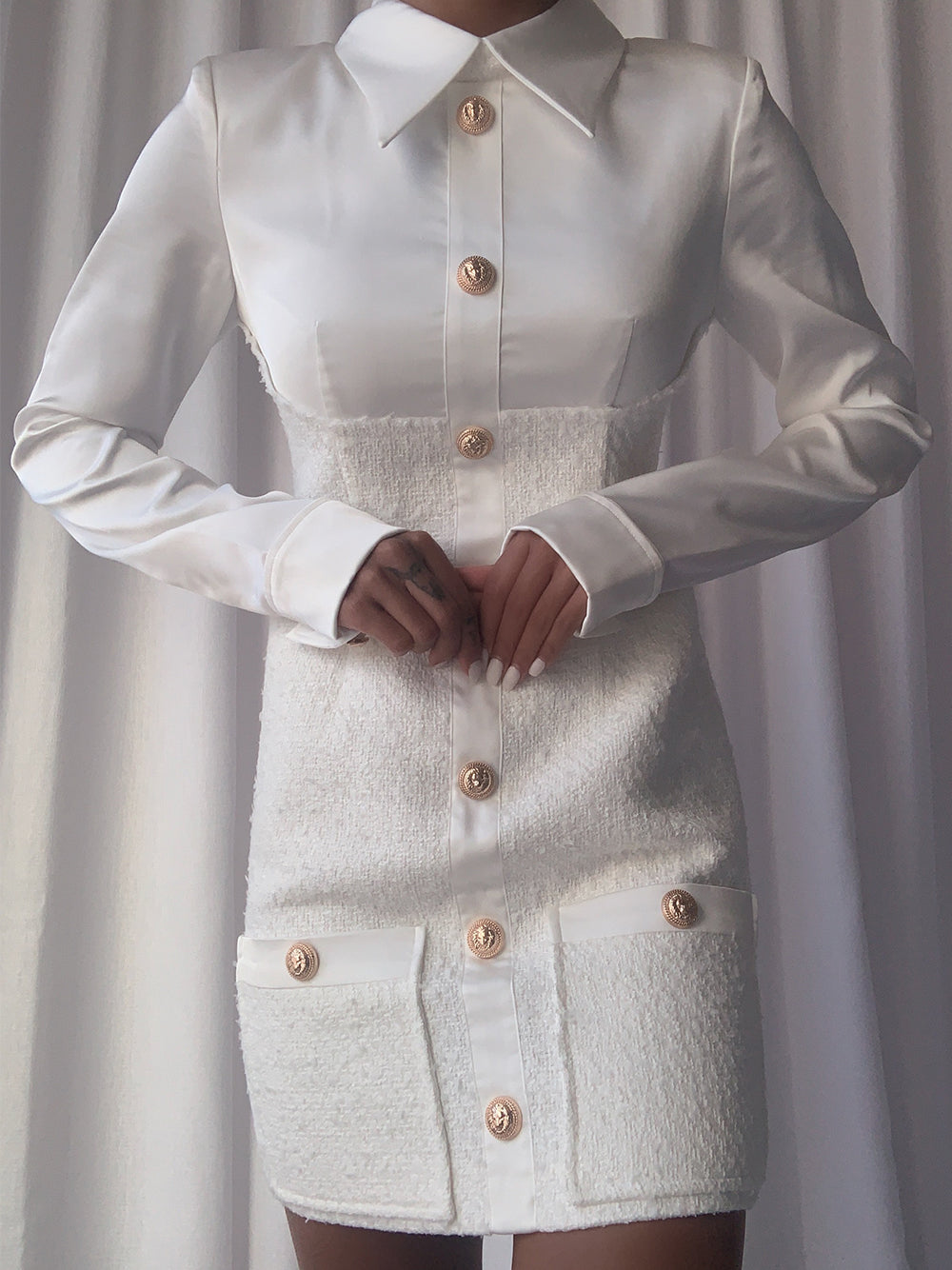Tweed Overlay Shirt Collar Long Sleeve Button Front Mini Dress - View 3