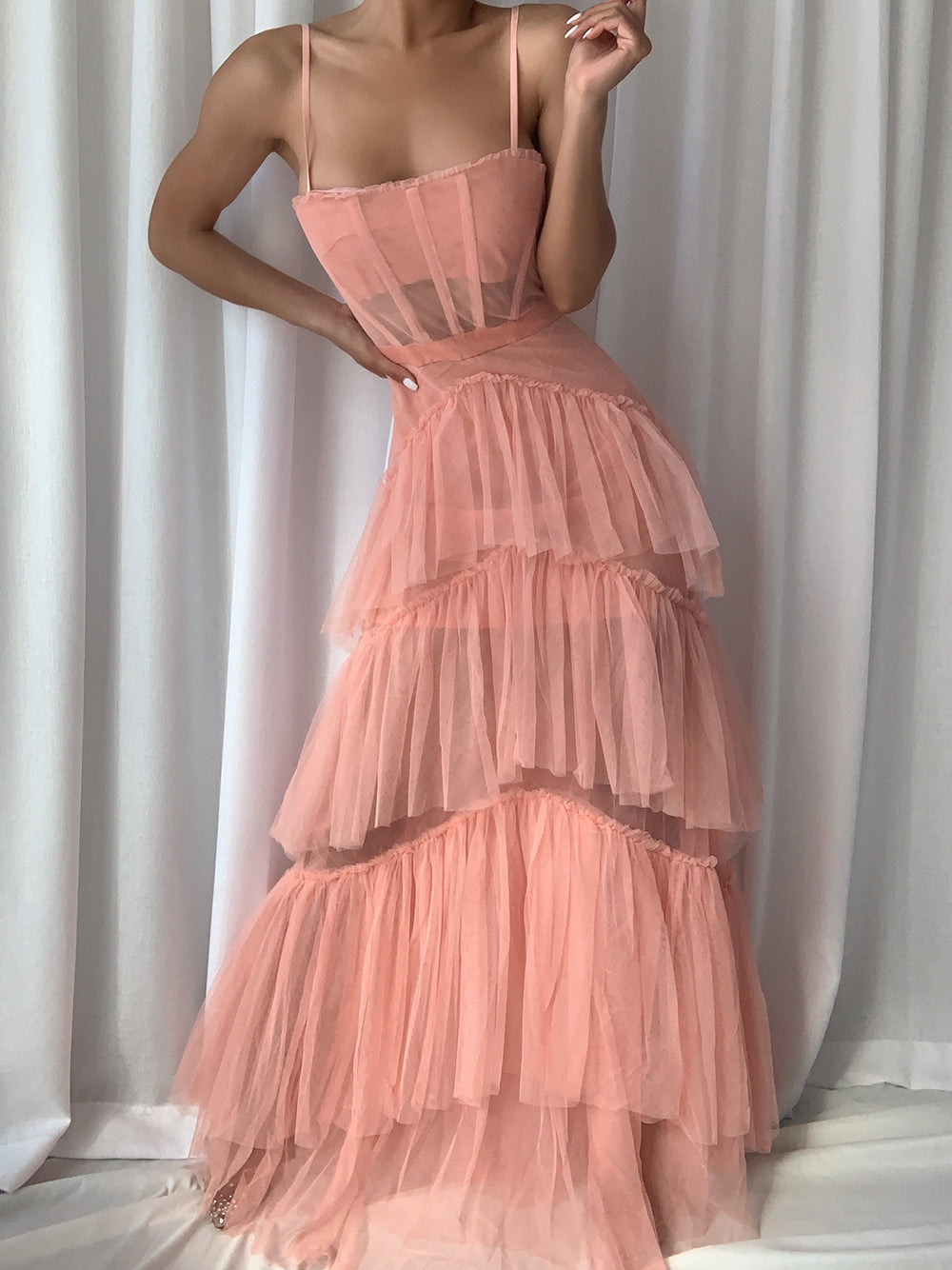 Tulle Spaghetti Strap Corset Boned Bodice Diagonal Tier Maxi Gown - View 2