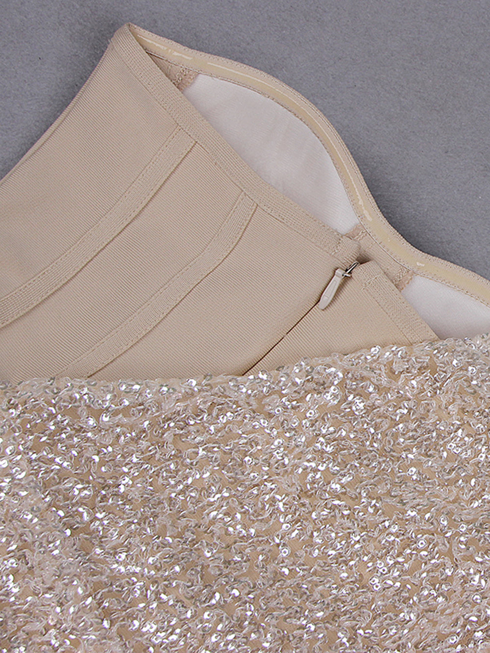 Sequin One Shoulder Long Sleeve Bodycon Mini Dress in Beige - View 17