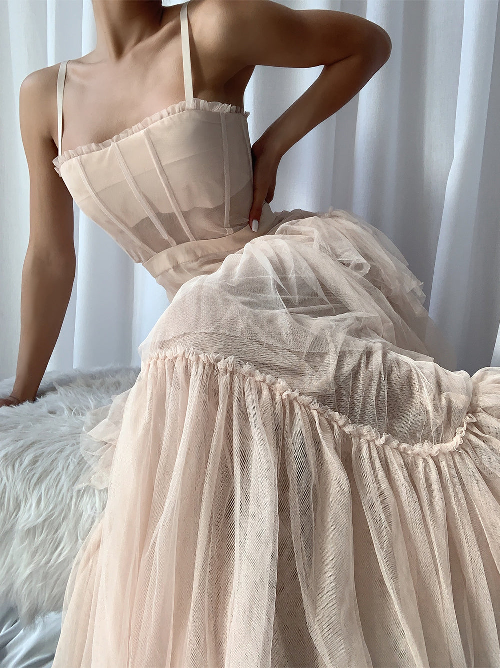 Tulle Corset Bodice Chevron Tiered Ruffle Spaghetti Strap Maxi Gown - View 4