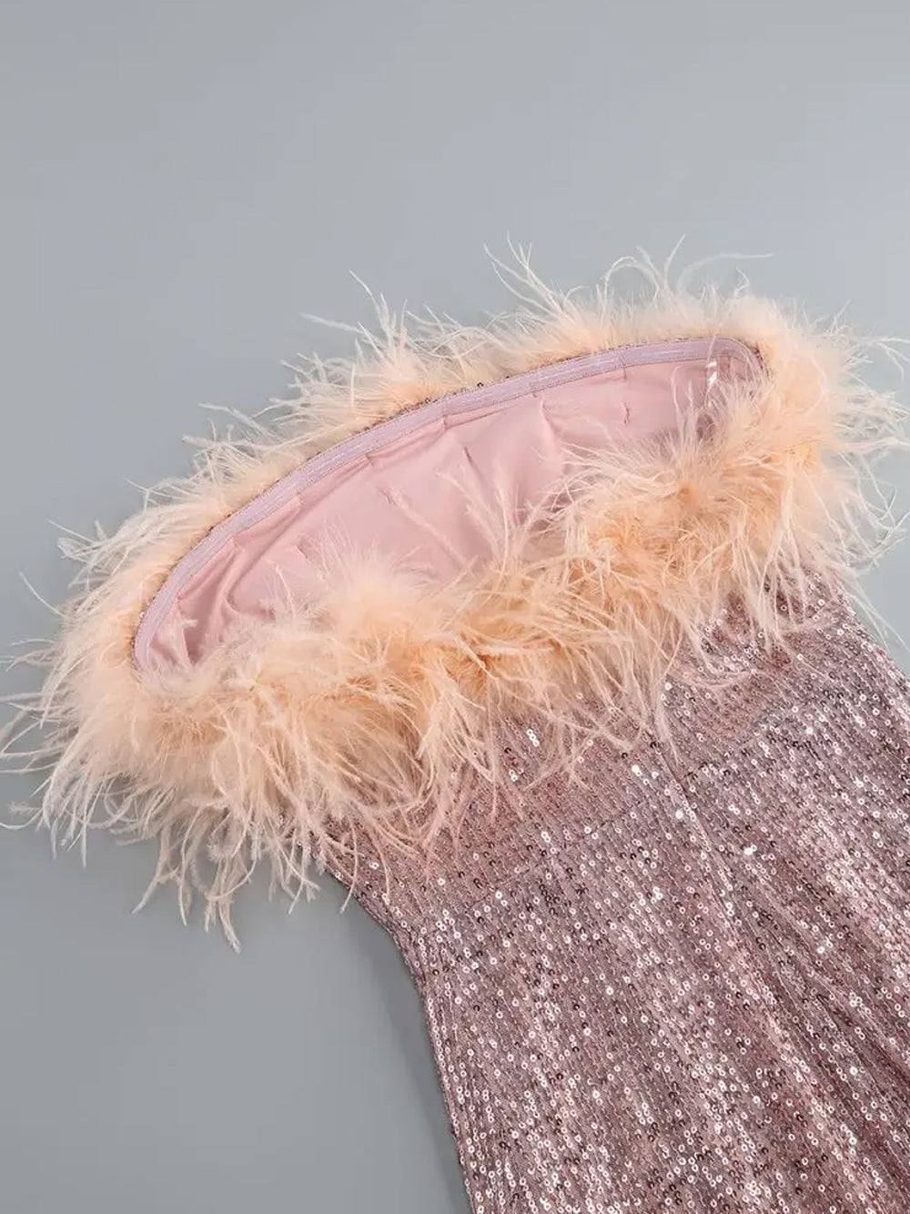 Sequin Strapless Feather Trim Bodycon Mini Dress in Pink - View 6