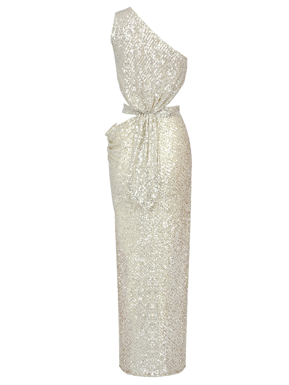 Sequin One Shoulder Cut Out Waist Ruched High Split Bodycon Maxi Gown - View 2