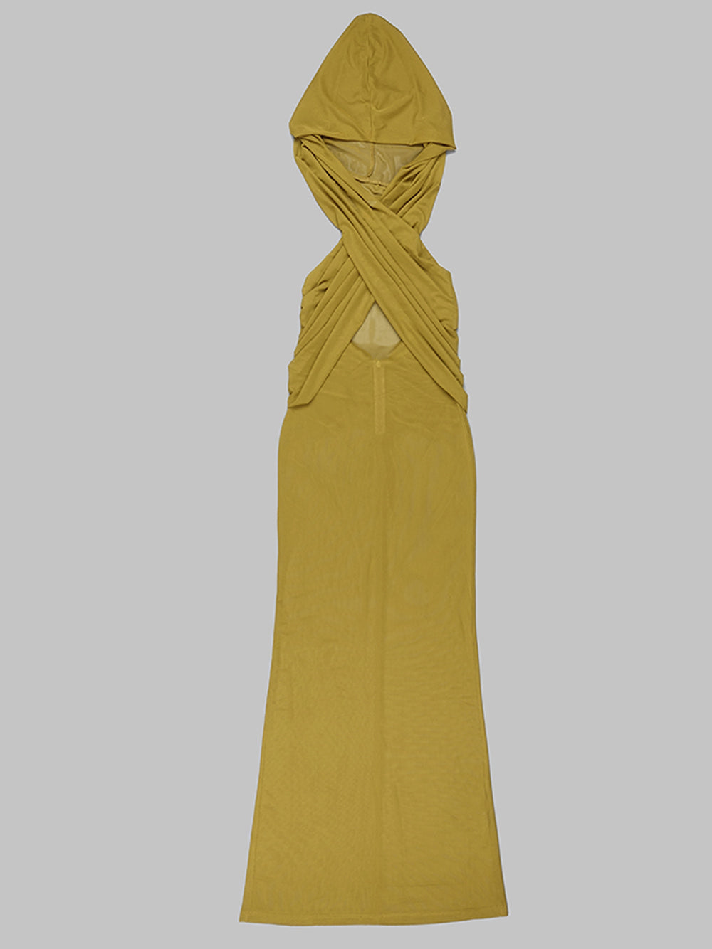 Hooded Cross Front Draped Bodice Sheer Mesh Sleeveless Maxi Dress - View 5