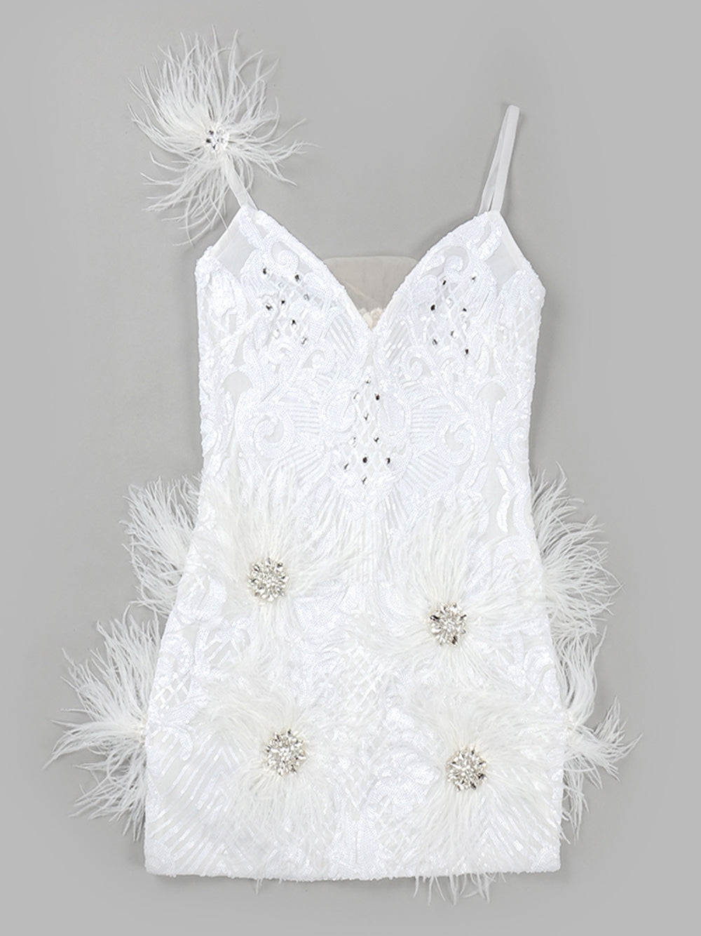 Sequin Deep V-Neck Feather Trim Bodycon Mini Dress - View 9