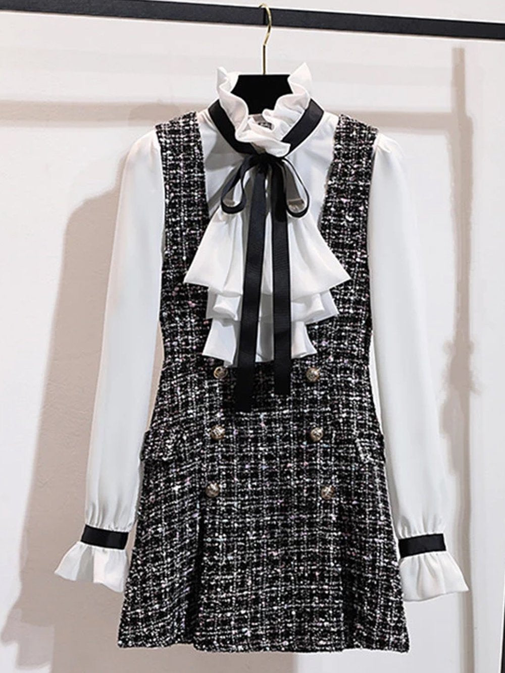 Ruffled Collar Ribbon Tie Blouse Tweed Pinafore Mini Set - View 9